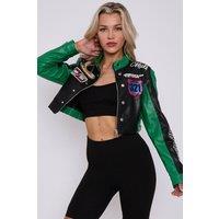 STYLEWISE Women's Colour Block Embroidered Vintage PU - Cropped - Biker Jacket in Jade | Size: Large