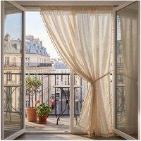 Living and Home 132W Boho Tassel Trim Linen Semi-Sheer Curtains in Beige | Size: 240 cm