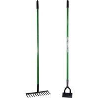 BARGAINS-GALORE 2 Piece Garden Lawn Rake & Dutch Hoe Gardening Soil Raking Farm Set in Green