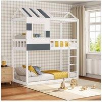 Wooden Kids House Bunk Bed with Playhouse Roof in White