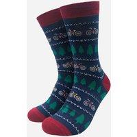 Sock Talk Men's Fair Isle Mountain Bike Bamboo Socks - Navy/Red in Navy | Size: 7-11