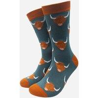 Sock Talk Men's Scottish Highland Cows Bamboo Socks in Teal | Size: 7-11