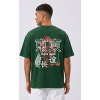 LONDON ATTITUDE Men's Tokyo Dragon Oversized Heavyweight Cotton T-Shirt in Dark Green | Size: Small