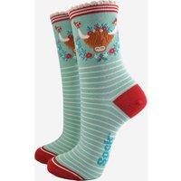 Sock Talk Women's Highland Cow Christmas Wreath Bamboo Socks - Mint Green/Red in Green | Size: 3-7