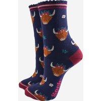 Sock Talk Women's Winter Highland Cow Bamboo Socks - Navy Blue/Burgundy in Blue | Size: 3-7