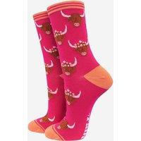 Sock Talk Women's Highland Cow Floral Crowns Bamboo Socks in Pink | Size: 3-7