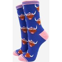 Sock Talk Women's Highland Cow Floral Crowns Bamboo Socks in Blue | Size: 3-7