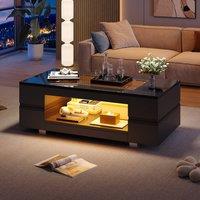 BTM High gloss coffee table with open storage LED glass top Black