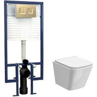 Balterley Hilderstone Square Wall Hung Toilet Pan & Seat, Brushed Brass in White
