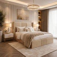 Desire Deco Plush Velvet Brooks Wingback Upholstered Bed Frame in Beige | Size: Small Double