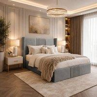 Desire Deco Plush Velvet Brooks Wingback Upholstered Bed Frame in Grey | Size: Small Double