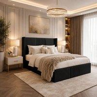 Desire Deco Plush Velvet Brooks Wingback Upholstered Bed Frame in Black | Size: Double