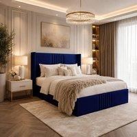 Desire Deco Plush Velvet Brooks Wingback Upholstered Bed Frame in Blue | Size: Double