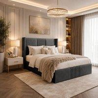 Desire Deco Plush Velvet Brooks Wingback Upholstered Bed Frame in Charcoal | Size: Double