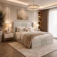 Desire Deco Plush Velvet Brooks Wingback Upholstered Bed Frame in Light Beige | Size: King