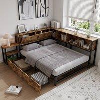 BTM 4ft6 Double Metal Bed Frame Storage Drawers Modern Iron Bed in Brown