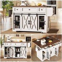 BTM Kitchen Island Trolley Extendable Worktop Power Outlet Storage in White