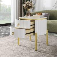 BTM Side Table, Coffee Table with Drawers, Gold Legs & Handles in White