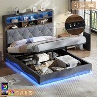 BTM 4ft6 Double Upholstered Bed Frame LED Hydraulic Storage USB Charging in Grey