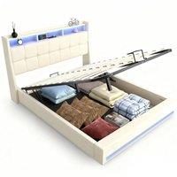 SPETLEK STORAGE PANEL WHITE FABRIC UPHOLSTERED BED in Beige | Size: Double