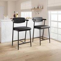 Nordara 2 Upholstered Bar Stools w/ Arms & Wood Back in Black