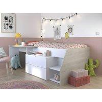 Vente-unique Bed With Desk & Storage - 90 X 190/200 Cm - White & Natural in Light Oak | Size: Single
