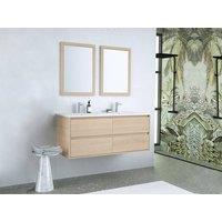Vente-unique Wall-Hung Bathroom Unit With Inset Basin & Mirrors - Oak Veneer in Light Oak