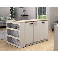 Vente-unique Central Kitchen Island & 2 Stools Set - White & Light Natural in Light Oak