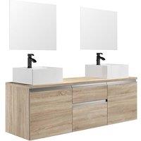 Vente-unique Suspended Bathroom Vanity Unit With Double Basin & Mirrors - Light in Light Oak