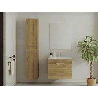 Vente-unique Wall-Hung Bathroom Unit With Single Basin & Storage Tall Unit in Light Oak