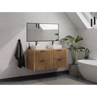 Vente-unique Fluted Wall-Hung Bathroom Unit With Double Square Countertop Basin in Light Oak