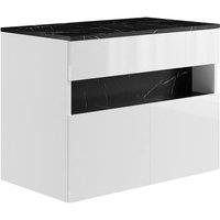 Vente-unique Wall-Mounted Vanity Unit With Leds & Top - White & Black Marble