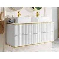 Vente-unique Fluted Wall-Hung Bathroom Unit With Gold Trim & Square Double in White