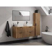 Vente-unique Fluted Wall-Hung Bathroom Unit With Countertop Basin & Tall Unit in Light Oak
