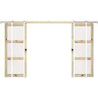 Vente-unique Double Sliding Door With Pocket System In Wood & Tempered Glass - 3 in Light Oak