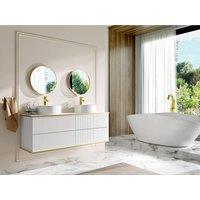 Vente-unique Fluted Wall-Hung Bathroom Unit With Gold Trim, Round Double Countertop in White