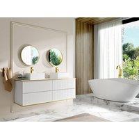 Vente-unique Fluted Wall-Hung Bathroom Unit With Gold Trim, Square Double in White