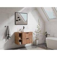Vente-unique Fluted Wall-Hung Bathroom Unit With Open Shelves & Square Countertop in Light Oak