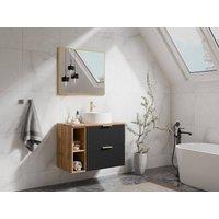 Vente-unique Fluted Wall-Hung Bathroom Unit With Open Shelves & Round Countertop in Black