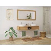 Vente-unique Suspended Teak Bathroom Vanity Unit With Towel Rail & Double Round in Light Oak