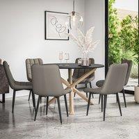 More4Homes Malvern Round Dining Table & Chairs - Black Table Top w Solid Oak Legs + Nova Faux Leather Dining Chair Set Of 6 in Grey