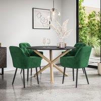 More4Homes Malvern Round Dining Table & Chairs - Black Table Top w Solid Oak Legs + Anika Velvet Dining Chair Set Of 4 in Green