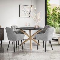 More4Homes Malvern Round Dining Table & Chairs - Black Table Top w Solid Oak Legs + Anika Velvet Dining Chair Set Of 4 in Grey