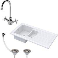 Balterley 1.5 Bowl Inset Fireclay Kitchen Sink, Wastes, Mono Tap 1010 x 525mm in White
