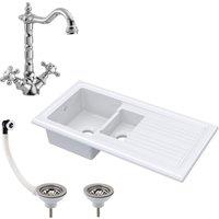 Balterley Fireclay Drop In Sink 1.5 Bowl Drainer Tap Waste 1010mm in White