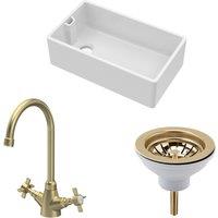 Balterley Fireclay 1 Bowl Belfast Sink Strainer Waste Tap Brushed Brass 795mm in White