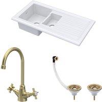Balterley Fireclay 1.5 Bowl Sink Drainer Waste Tap Brushed Brass 1010mm in White