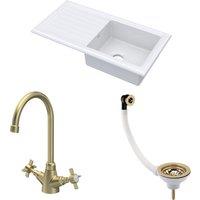 Balterley Fireclay 1 Bowl Sink Drainer Waste Tap 1010mm Brushed Brass in White