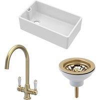 Balterley Fireclay 1 Bowl Belfast Sink Strainer Waste Tap Brushed Brass 795mm in White