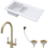 Balterley Fireclay 1.5 Bowl Sink Drainer Waste Tap Brushed Brass 1010mm in White
